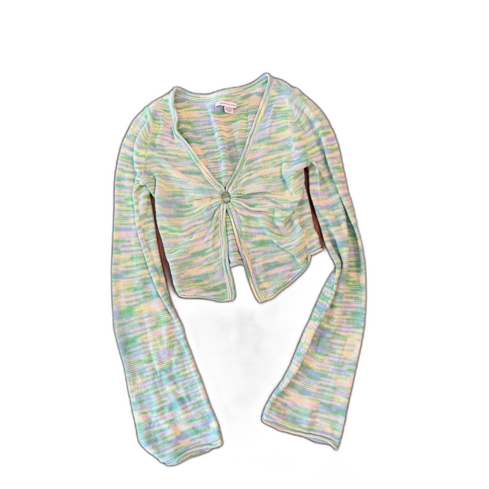 American Eagle Space Dye Ring Front Knit Top XS Green Blue Long Sleeve Y2K